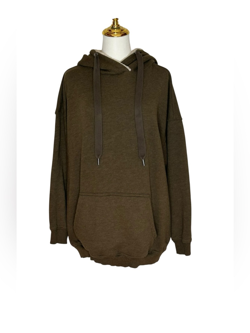 aerie Olive Brown Gorpcore Faux Fur Lined Hooded Sweatshirt Oversized SzM Earthy